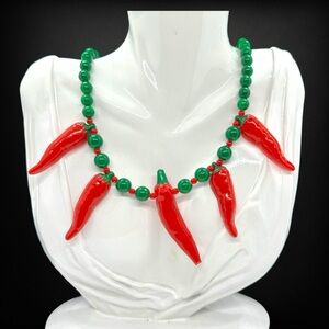 Vintage Red Hot Glass Pepper & Bead Necklace